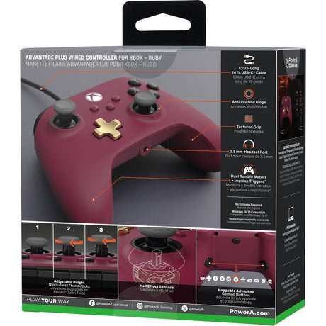 Kontroler przewodowy Powera Advantage Plus do konsoli Xbox Series X|s – Ruby (ciemnoczerwony, Xbox Series X|s, Xbox One, PC)