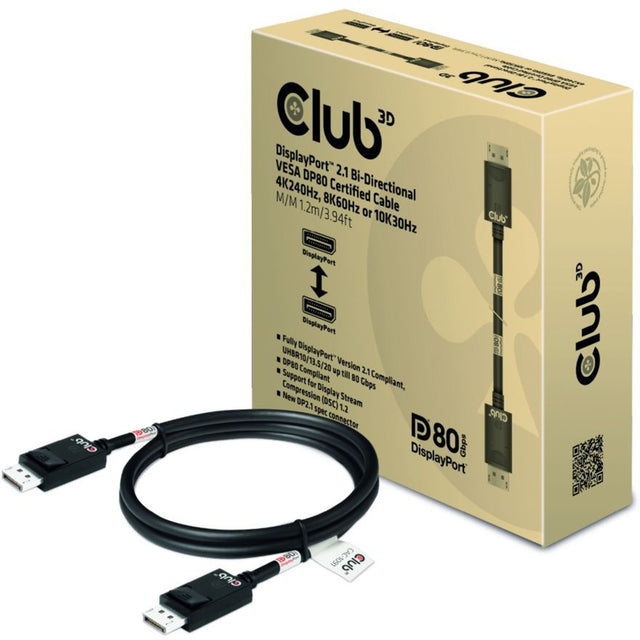 Kabel z certyfikatem Club 3D DisplayPort 2.1 Vesa DP80 męsko-męski (czarny, 1,2 m, 4K 240 Hz, 8K 60 Hz, 80 Gb/s)