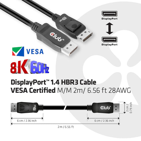 Kabel Club 3D Displayport 1.4 Vesa z certyfikatem męsko-męskim (czarny, 2 metry, 8k 60 Hz, 32,4 Gb/s)