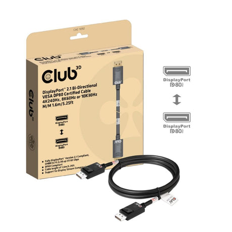 Kabel z certyfikatem Club 3D DisplayPort 2.1 Vesa DP80 męsko-męski (czarny, 1,6 m, 8K 240 Hz, 10 K 60 Hz, 80 Gb/s)