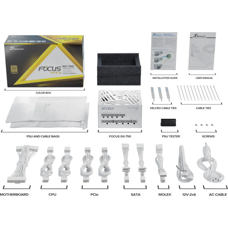 Modułowy zasilacz Seasonic focus-gx-750-v4 atx3.0 o mocy 750 W (biały, 1x 12vhpwr, 2x pcie)