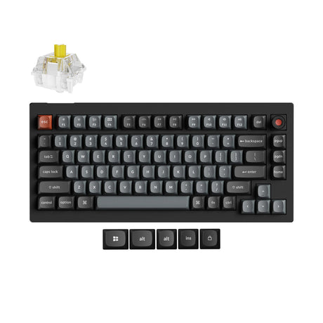 Keychron v1w-d4 8k qmk, niestandardowa przewodowa klawiatura mechaniczna (czarna, układ amerykański (qwerty), super banan, 75%, diody rgb, double-shot pbt, hot swap, 8k, przycisk)