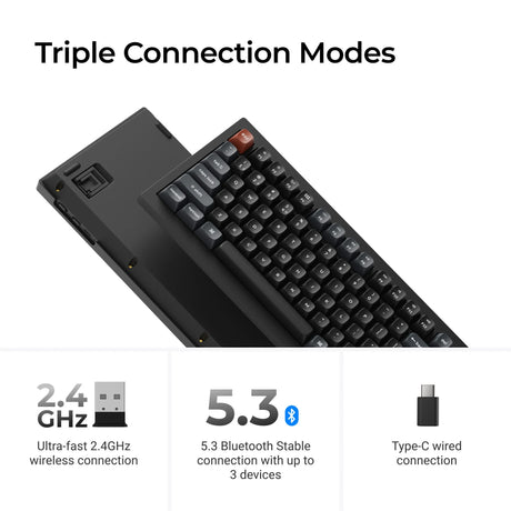 Bezprzewodowa, niestandardowa klawiatura mechaniczna Keychron v1 ultra 8k (czarna, układ amerykański (qwerty), jedwabny pom banan, 75%, rgb, hot swap, 2,4 GHz | bluetooth 5.3 | USB-C)