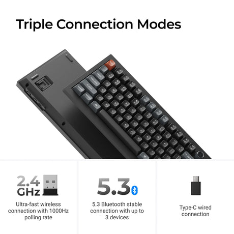 Bezprzewodowa, niestandardowa klawiatura mechaniczna Keychron v3 ultra 8k (czarna, układ amerykański (qwerty), jedwabny pom czerwony, 80% (tkl), rgb, hot swap, 2,4 GHz | bluetooth 5.3 | USB-C)