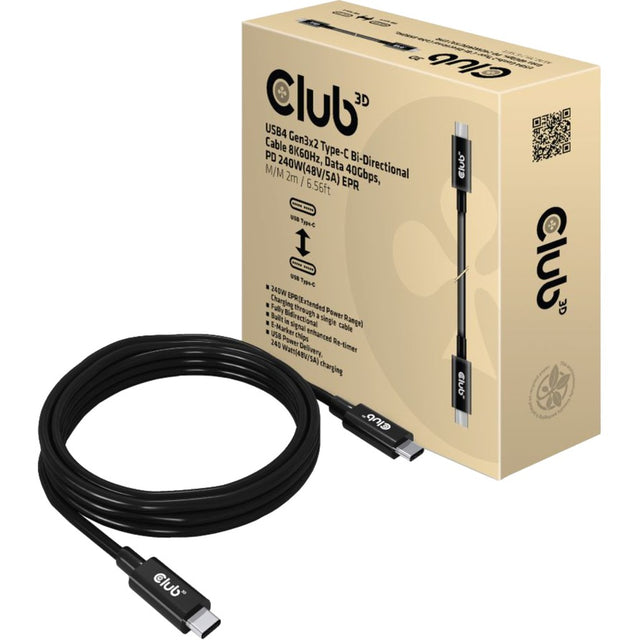 Kabel dwukierunkowy Club 3d usb4 gen3x2 type-c, 2 metry (czarny, 8k60hz, dane 40gbps, pd 240w (48v 5a) epr)