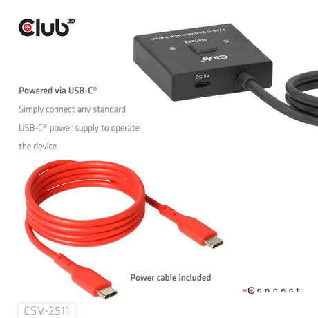 Club 3D USB-C dwukierunkowe wideo + dane + przełącznik PD Przełącznik USB (czarny)