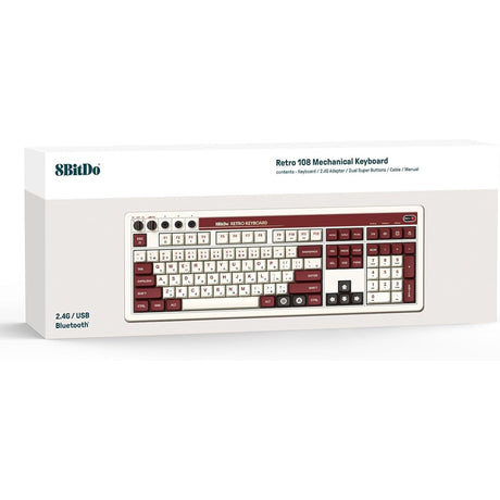 Klawiatura mechaniczna 8bitdo retro edycja fami (beżowa, układ us (qwerty), kailh box biała, 100%, bluetooth low Energy, bezprzewodowa 2.4g, usb)