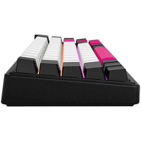 Mechaniczna klawiatura do gier Lorgar kbp70mw rgb (czarna, układ amerykański (qwerty), logar toksyczny fiolet, 65%, rgb, możliwość wymiany podczas pracy, podwójny strzał pbt, bluetooth | 2,4 GHz | usb)