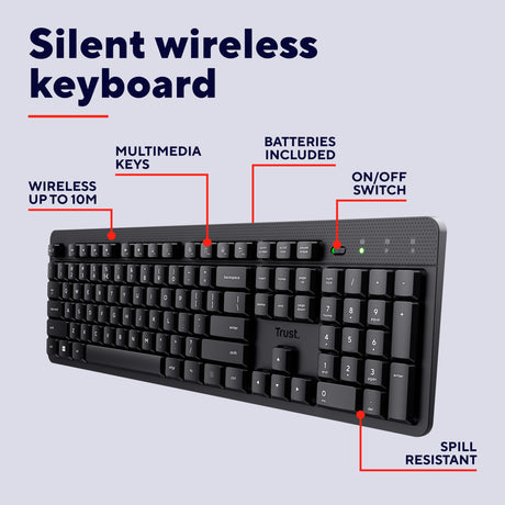 Klawiatura bezprzewodowa Trust Ody II (czarna, układ UE (QWERTY), membranowa, cicha)