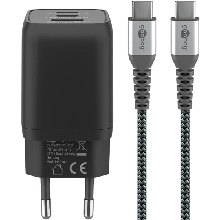 Szybka ładowarka Goobay USB-C nano (65 W) i tekstylny kabel USB-C (czarny, 1 metr)