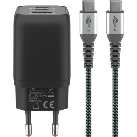 Szybka ładowarka Goobay USB-C nano (65 W) i tekstylny kabel USB-C (czarny, 1 metr)