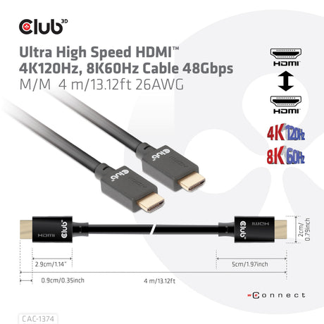 Kabel męsko-męski Club 3D ultra high speed HDMI 2.1 (czarny, 4 metry, 4K 120 Hz, 8K 60 Hz, 48 Gb/s)