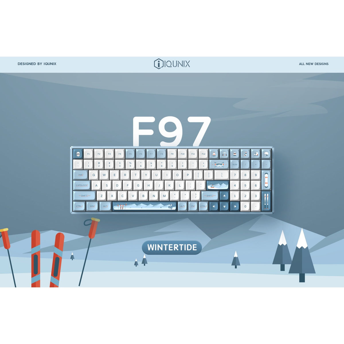 Bezprzewodowa klawiatura mechaniczna Iqunix F97 Wintertide (jasnoniebieski, układ US (QWERTY), Cherry MX Brown, 96%, diody LED RGB, możliwość wymiany podczas pracy, PBT, 2,4 GHz | Bluetooth 5.1 | USB-C)