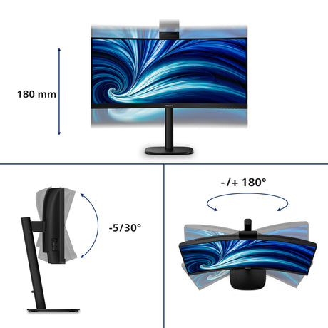 Philips 34b2u3600ch 34 curved ultrawide monitor (zwart, 1x displayport, 2x hdmi, 1x usb-c, 3x usb-a, 1x rj-45, 120 hz)