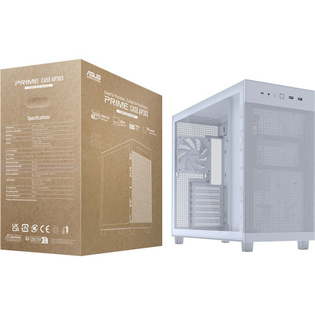 Asus Prime Ap303 - Obudowa Midi Tower z panelem ze szkła hartowanego (biała | 2x USB-A | 1x USB-C | Szkło hartowane)