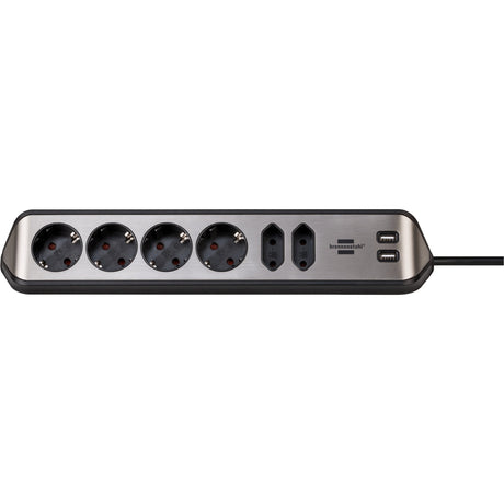 Brennerstuhl ®estilo narożna listwa przyłączeniowa z funkcją ładowania USB 6-kierunkowa 4x gniazdo ochronne 2x euro srebrny czarny