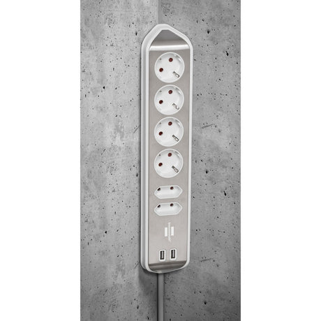 Brennerstuhl ®estilo narożna listwa przyłączeniowa z funkcją ładowania USB 6-kierunkowa 4x gniazda ochronne 2x euro srebrno-białe