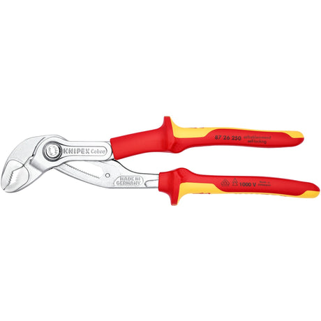 Knipex cobra vde high-tech szczypce do pomp wodnych 87 26 250 Szwedzkie szczypce do pomp wodnych (czerwono-żółte, ząbkowane powierzchnie chwytne, przebijany zawias)