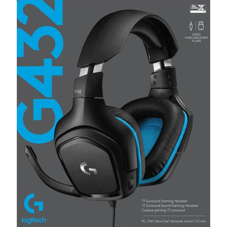 Przewodowy nauszny zestaw słuchawkowy do gier Logitech G432 7.1 z dźwiękiem przestrzennym (czarny niebieski, PC, Playstation 4, Playstation 5, Xbox One, Xbox Series X|S, Nintendo Switch)