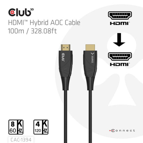 Kabel hybrydowy Club 3d HDMI AOC 8k60hz 4k120hz, kabel 100 m (czarny)