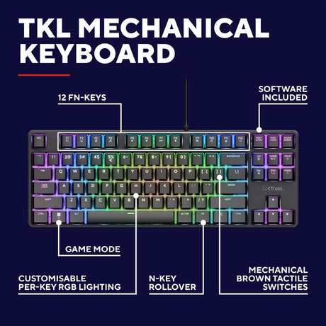 Kompaktowa mechaniczna klawiatura do gier Trust GXT 864 Cada (czarna, układ amerykański (Qwerty), Huano Brown, RGB)