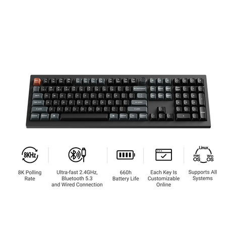 Bezprzewodowa, niestandardowa klawiatura mechaniczna Keychron v6 ultra 8k (czarna, układ amerykański (qwerty), jedwabny pom czerwony, 100%, rgb, hot swap, 2,4 ghz | bluetooth 5.3 | usb-c)