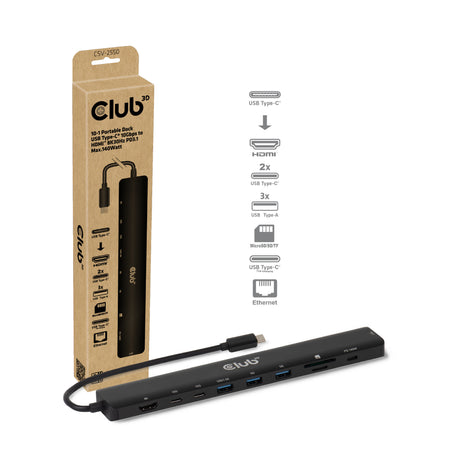 Przenośna stacja dokująca Club 3d 10-1 USB Type-C 10 Gbps na HDMI 8k30 Hz pd3.1 Stacja dokująca o maksymalnej mocy 140 W (czarna, HDMI, USB-C, LAN)