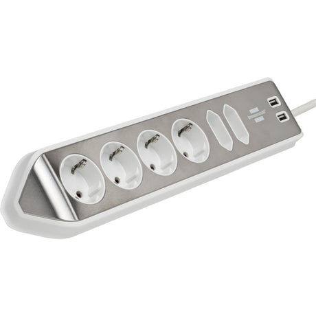 Brennerstuhl ®estilo narożna listwa przyłączeniowa z funkcją ładowania USB 6-kierunkowa 4x gniazda ochronne 2x euro srebrno-białe
