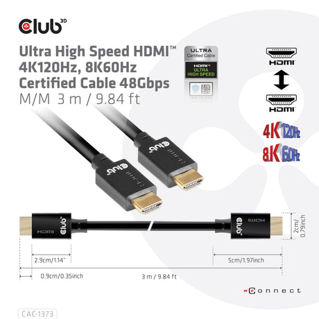 Certyfikat Club 3D ultra high speed HDMI 2.1 kabel męsko-męski (czarny, 3 metry, 4K 120 Hz, 8K 60 Hz, 48 Gb/s)