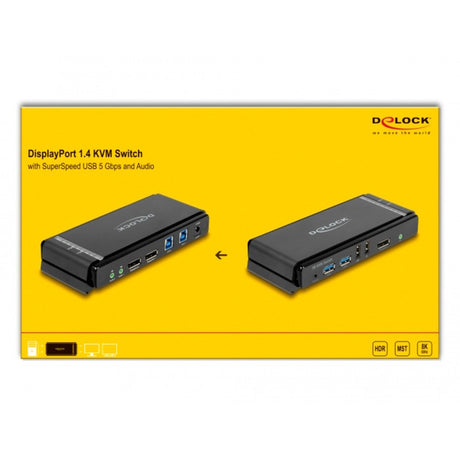Delock przełącznik displayport 1,4 kvm, 8k 60 hz, USB 3.2 gen 1, przełącznik audio kvm (szary czarny)