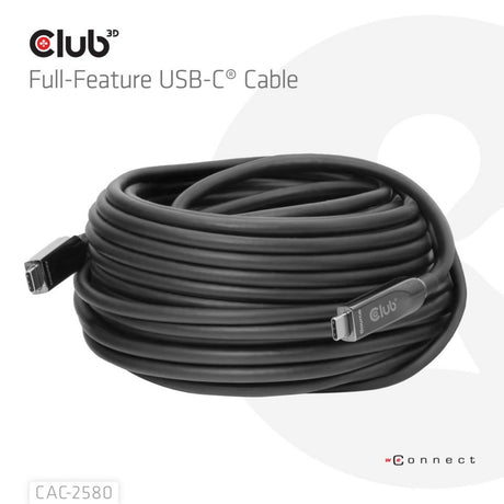 W pełni funkcjonalny kabel Club 3D USB-C, 15 m (czarny, 8k60hz 10gbps 60w)
