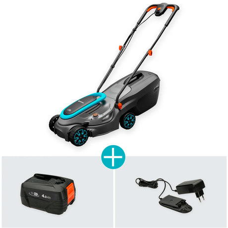 Gardena powermax 32 18v p4a czytaj akumulator do kosiarki w komplecie. ładowarka 18 v szerokość cięcia max. 320 mm