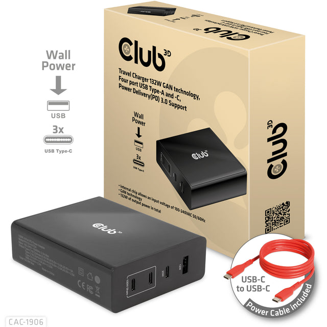 Ładowarka podróżna Club 3D 132W w technologii gan, cztery porty USB typu a i -c (czarna, zasilanie (pd) 3.0)