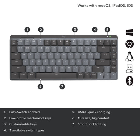 Mechaniczna mini klawiatura Logitech MX (czarna, układ międzynarodowy (QWERTY), dotykowa GL, 80% (TKL), Bluetooth)