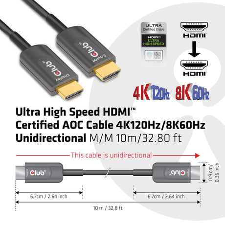 Certyfikat Club 3D Ultra High Speed AOC HDMI 2.1, jednokierunkowy kabel męsko-męski (czarny, 10 metrów, 4K 120 Hz, 8K 60 Hz, 48 Gb/s)