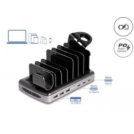 Delock Stacja ładująca USB z 3 x USB Type-C PD + 3 x USB Type-A (112 W) (szary czarny)