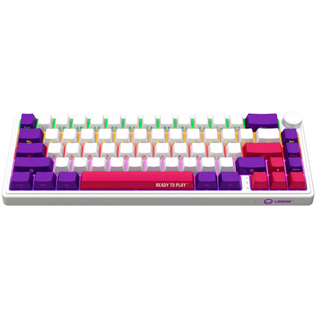 Mechaniczna klawiatura do gier Lorgar kbp70mw rgb (biała, układ amerykański (qwerty), logar toksyczny fiolet, 65%, rgb, możliwość wymiany podczas pracy, podwójny strzał pbt, bluetooth | 2,4 GHz | usb)