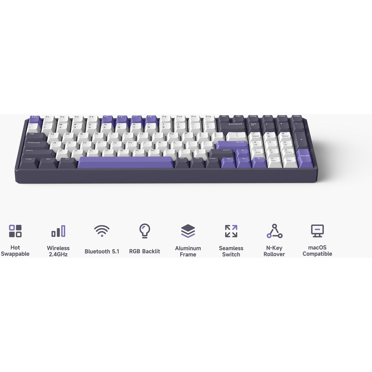 Bezprzewodowa klawiatura mechaniczna Iqunix F97 lavandin (lawendowy, układ amerykański (qwerty), wiśniowy mx cichy czerwony, 96%, diody rgb, możliwość wymiany podczas pracy, pbt, 2,4 GHz | bluetooth 5.1 | usb-c)