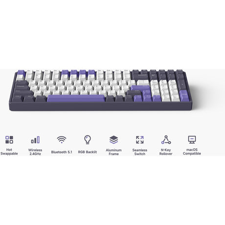 Bezprzewodowa klawiatura mechaniczna Iqunix F97 lavandin (lawendowy, układ amerykański (qwerty), wiśniowy mx cichy czerwony, 96%, diody rgb, możliwość wymiany podczas pracy, pbt, 2,4 GHz | bluetooth 5.1 | usb-c)