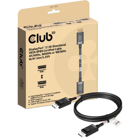 Kabel z certyfikatem Club 3D DisplayPort 2.1 Vesa DP80 męsko-męski (czarny, 1,6 m, 8K 240 Hz, 10 K 60 Hz, 80 Gb/s)