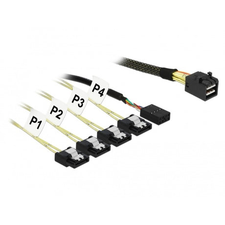 Delock mini SAS HD SFF-8643 > 7-pinowy adapter 4x SATA (czarny, 1 metr + wstęga boczna 1 m metal)
