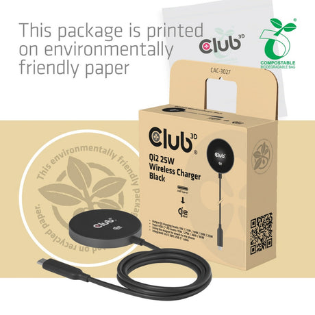 Club 3d cac-3027 qi2 25w draadloze oplader (zwart, 1x usb-c, qi-gecertificeerd, magsafe-compatibel, magnetisch pad)