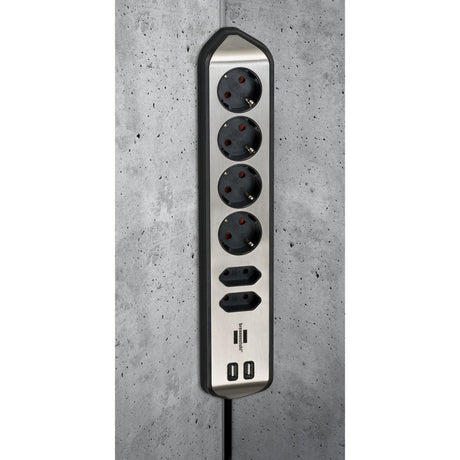 Brennerstuhl ®estilo narożna listwa przyłączeniowa z funkcją ładowania USB 6-kierunkowa 4x gniazdo ochronne 2x euro srebrny czarny