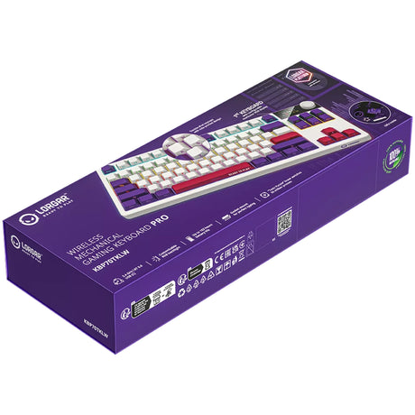 Mechaniczna klawiatura do gier Lorgar kbp70tklw rgb (biała, układ amerykański (qwerty), logar toksyczny fiolet, 80% (tkl), rgb, możliwość wymiany podczas pracy, podwójny strzał pbt, bluetooth | 2,4 ghz | usb)