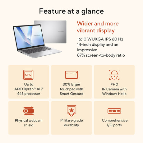 Asus vivobook 14 m1407ga-ly012w 14 copilot+ laptop (srebrny | ryzen ai 7 445 | radeon 840m | 16 GB | 512 GD SSD)