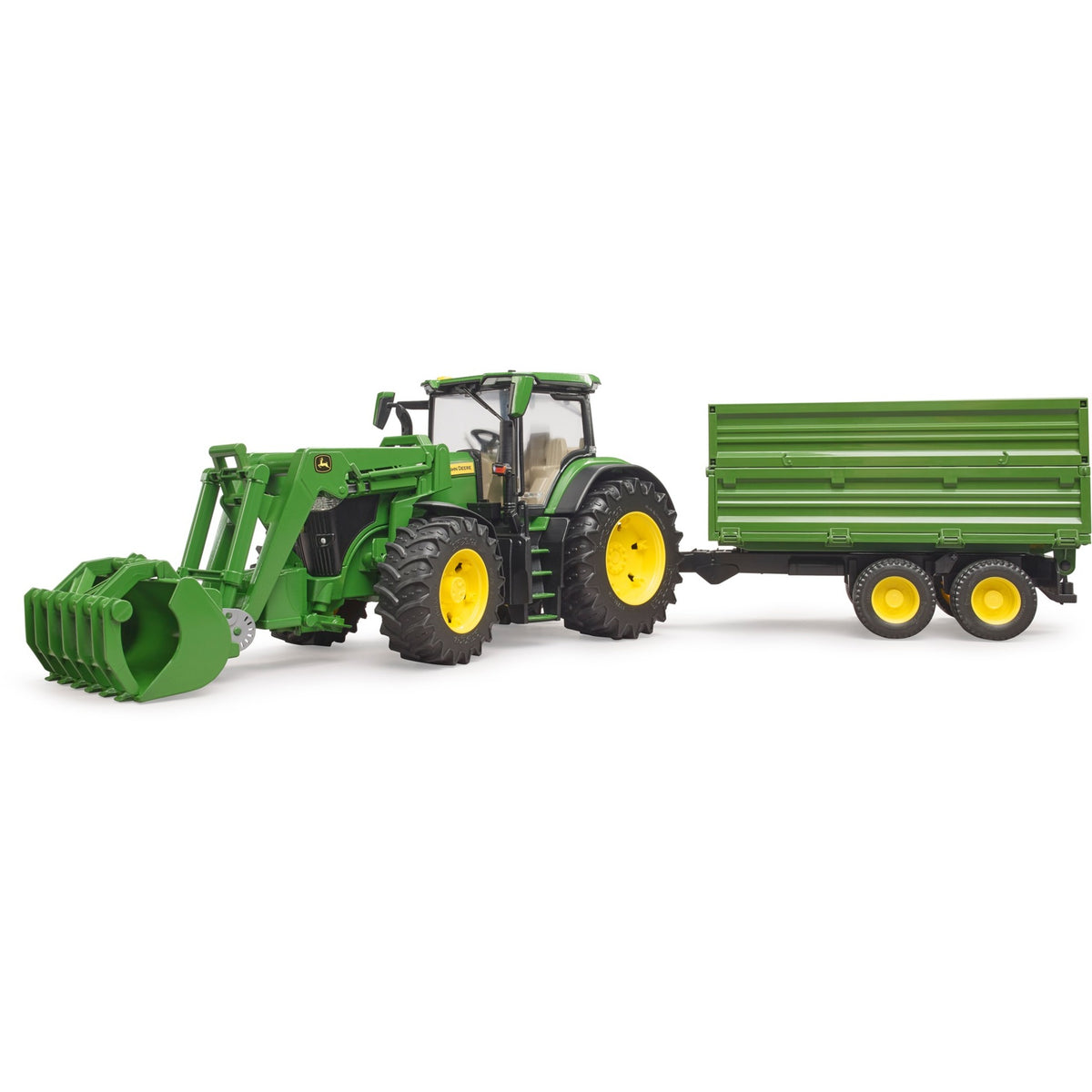 Bruder John Deere 7R 350 z ładowaczem czołowym i przyczepą transportową model pojazdu (03155)