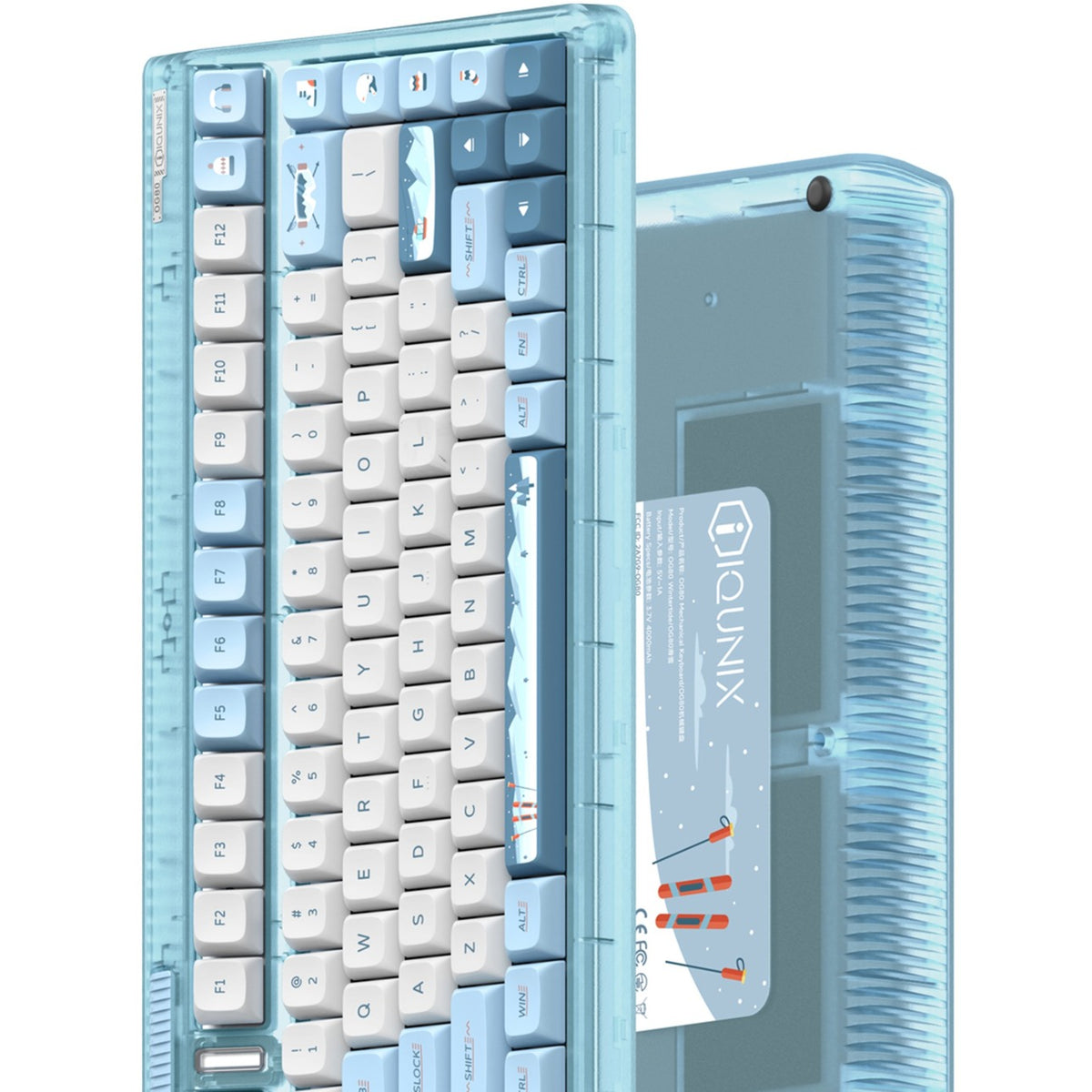Bezprzewodowa klawiatura mechaniczna Iqunix og80 wintertide (jasnoniebieski, układ amerykański (qwerty), wiśniowy mx czerwony, 80% (tkl), diody led rgb, możliwość wymiany podczas pracy, pbt, 2,4 GHz | bluetooth 5.1 | usb-c)