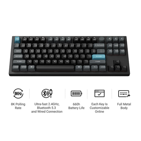 Keychron q3 ultra-m3 8k bezprzewodowa, niestandardowa klawiatura mechaniczna (czarna, układ amerykański (qwerty), jedwabny pom brązowy, 80% (tkl), rgb, hot swap, 8k, 2,4 ghz | bluetooth 5.2 | usb-c)