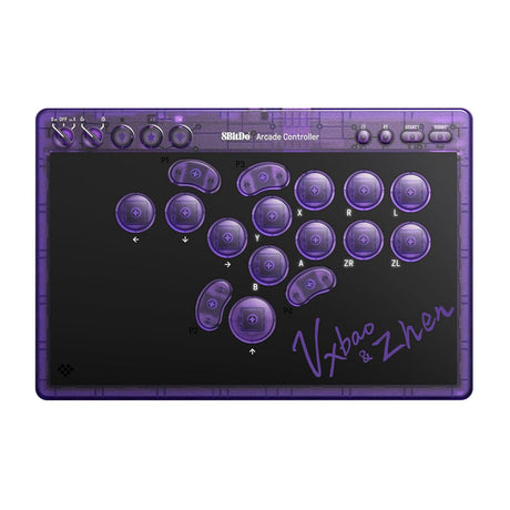 Kontroler 8bitdo arcade - przezroczysta fioletowa edycja sygnowana (fioletowa przezroczysta, 2,4 GHz Bluetooth USB, Nintendo Switch 1 + 2, PC)