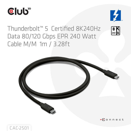 Certyfikat Club 3d Thunderbolt 5 8k240hz kabel (czarny, dane 80 120 Gbps, epr 240 W, 1 metr)